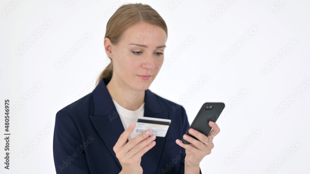 Young Businesswoman Shopping Online on Smartphone on White Background