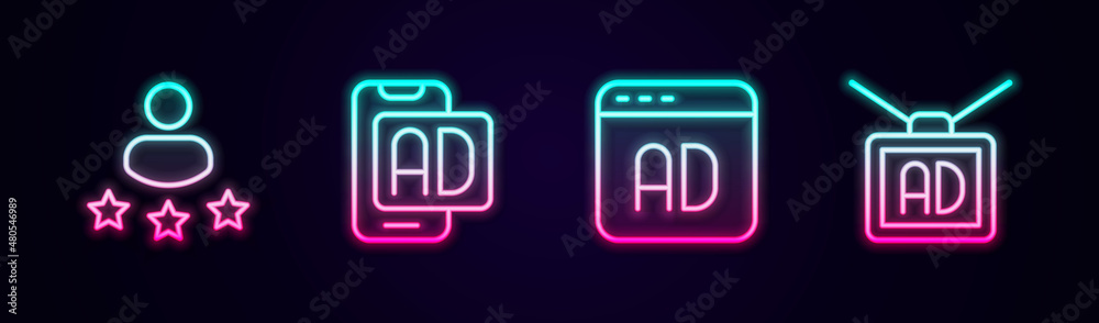 Set line Consumer product rating, Advertising, and . Glowing neon icon. Vector Set line Consumer product rating, Advertising, and . Glowing neon icon. Vector