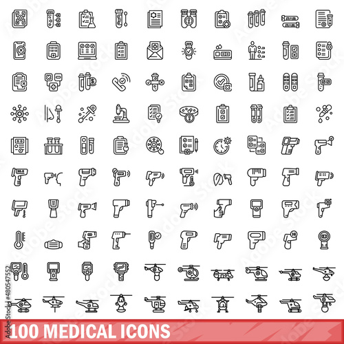 100 medical icons set, outline style