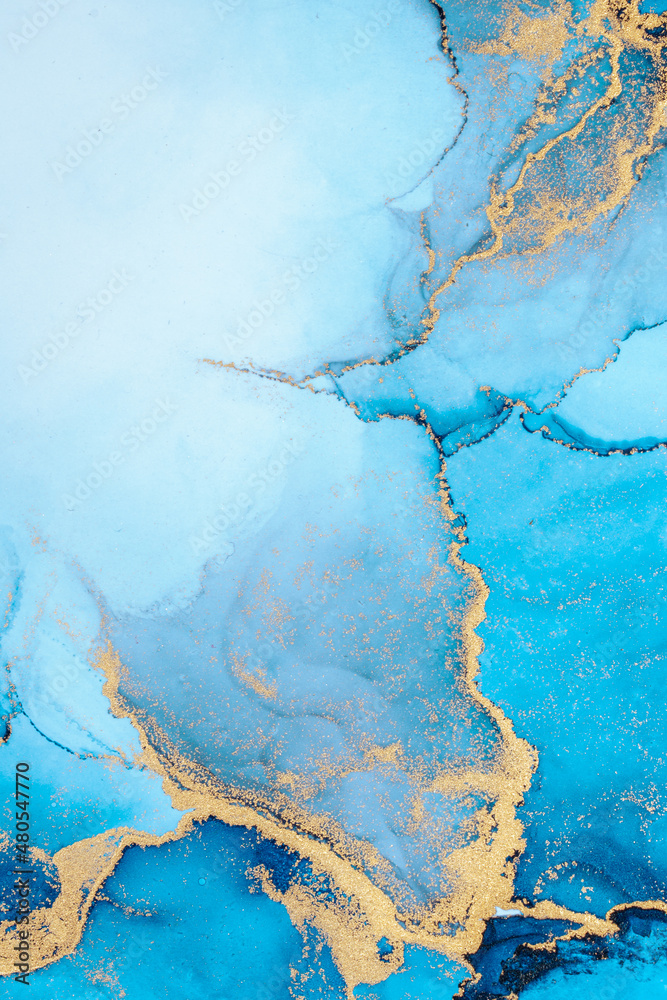 Luxury blue abstract background of marble liquid ink art painting on paper . Image of original artwork watercolor alcohol ink paint on high quality paper texture .