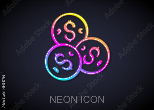 Glowing neon line Casino chip with dollar symbol icon isolated on black background. Casino gambling. Vector
