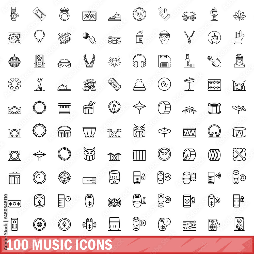 100 music icons set, outline style