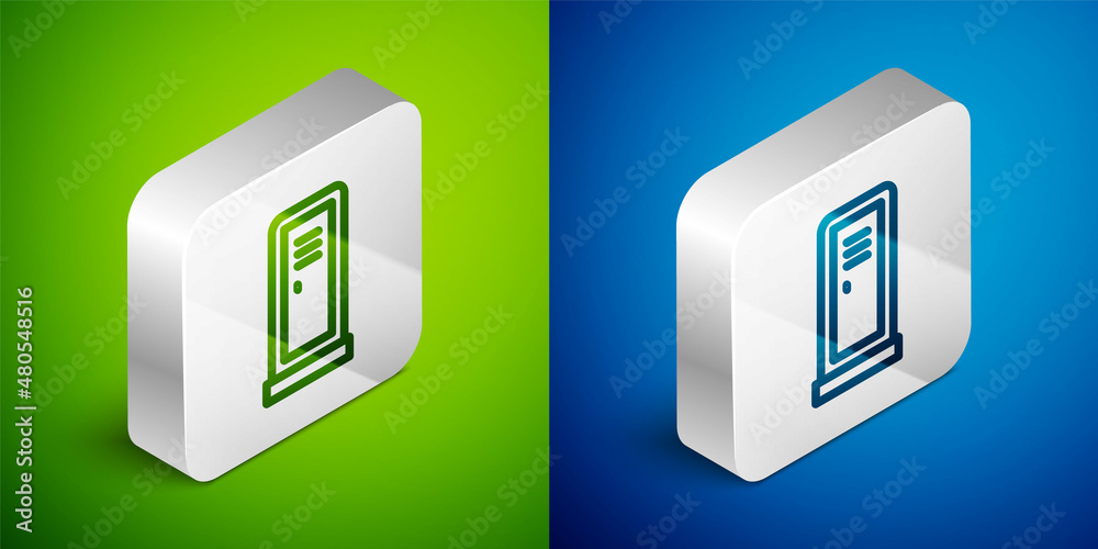 Isometric line Locker or changing room for hockey, football, basketball team or workers icon isolated on green and blue background. Silver square button. Vector Isometric line Locker or changing room for hockey, football, basketball team or workers icon isolated on green and blue background. Silver square button. Vector