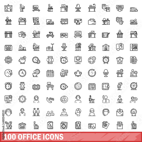 100 office icons set, outline style