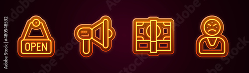 Set line Hanging sign with text Open, Megaphone, Stacks paper money cash and Angry customer. Glowing neon icon. Vector