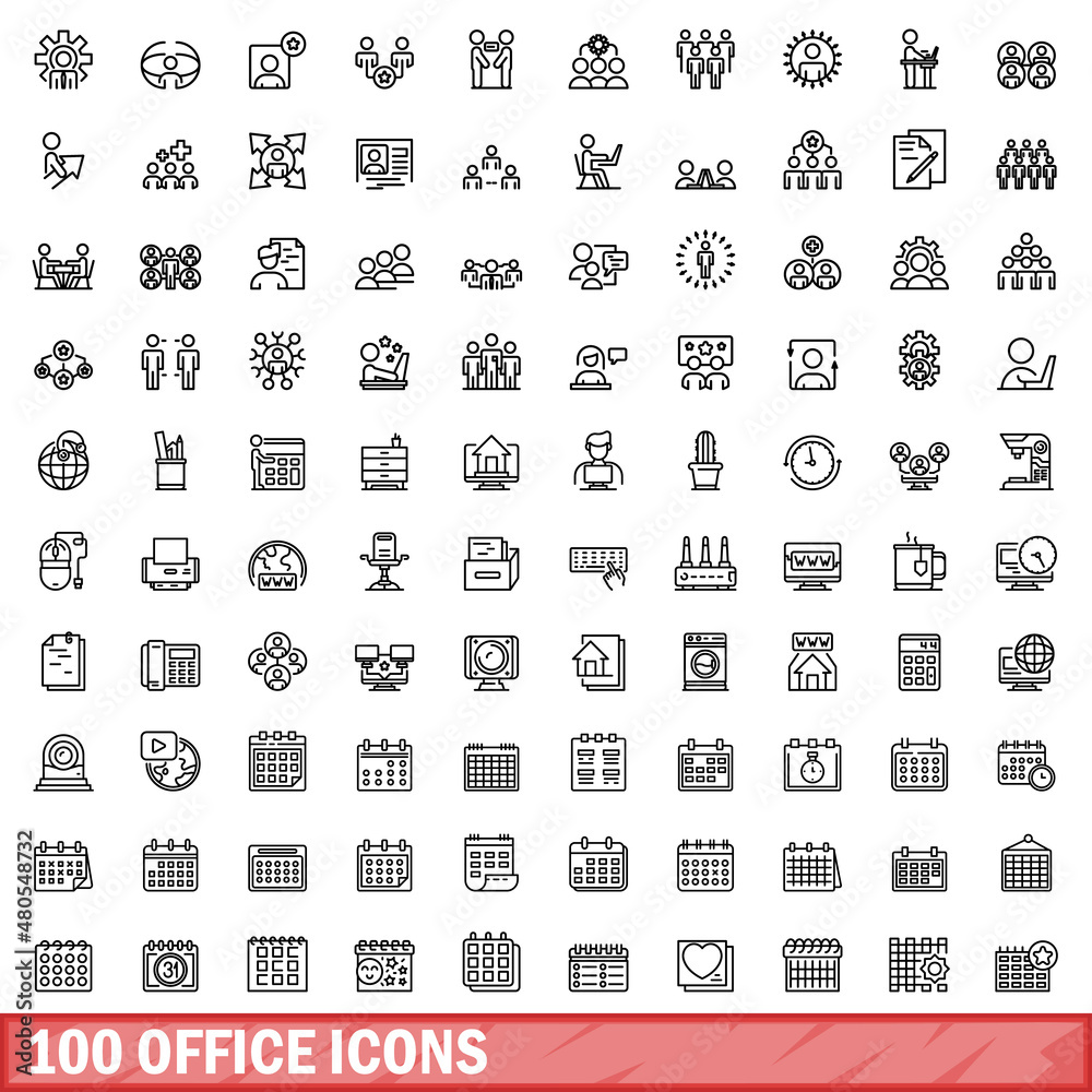 100 office icons set, outline style