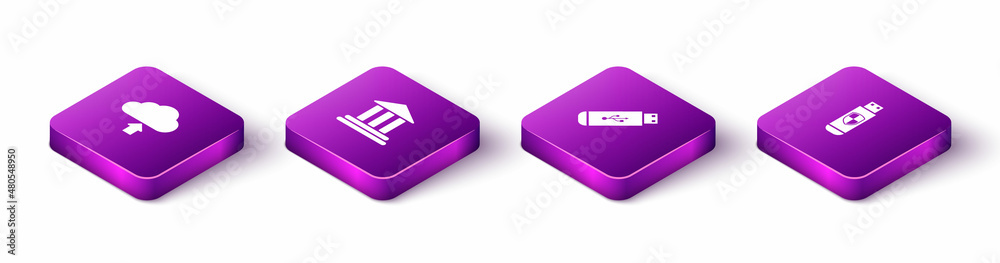 Set Isometric Cloud upload, Bank building, USB flash drive and and shield icon. Vector Set Isometric Cloud upload, Bank building, USB flash drive and and shield icon. Vector