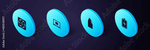 Set Isometric Battery, Household chemicals bottle, Laptop with envelope and Computer cooler icon. Vector