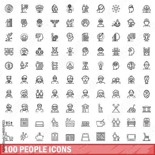 100 people icons set, outline style