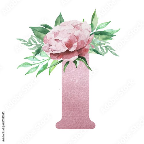 Floral alphabet watercolor pink color letter I with flowers bouquet composition and greenery