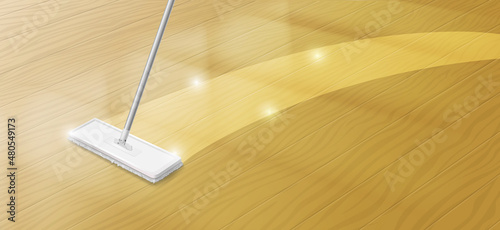 Mop cleaning dirty wood floor, household mopping, cleaning background