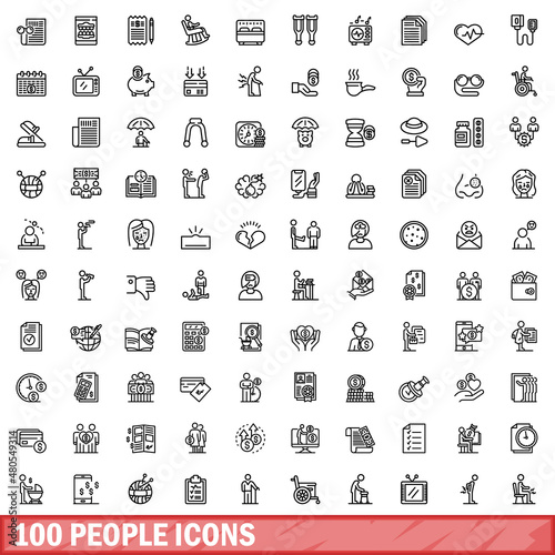 100 people icons set, outline style