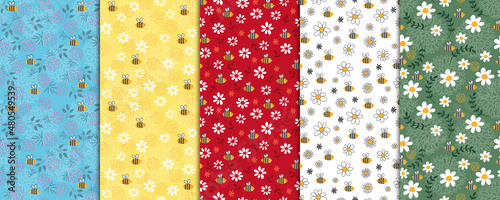 Biene Blumenwiese nahtlose Muster, Set, Gänseblümchen, farbenfroh für Frühling, Ostern, Geschenkpapier und Textil Mode Druck