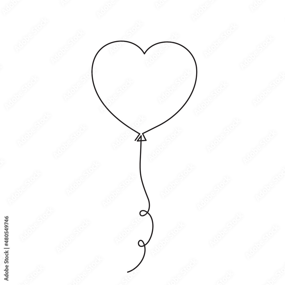 Fototapeta Balloon-heart one-line art, hand drawn continuous contour. Romantic holiday minimalist design. Decoration for relationships, feelings postcards. Editable stroke. Isolated. Vector illustration