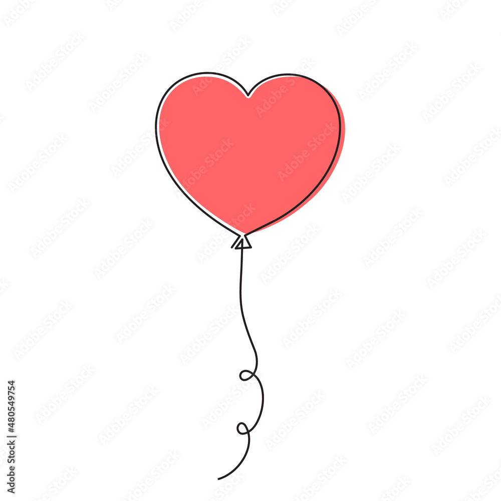 Balloon-heart one-line art, hand drawn continuous contour. Romantic holiday minimalist design. Decoration for relationships, feelings postcards. Editable stroke. Isolated. Vector illustration