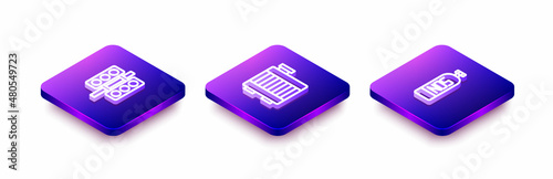 Set Isometric line Racing traffic light, Car radiator cooling system and Nitrous oxide icon. Vector