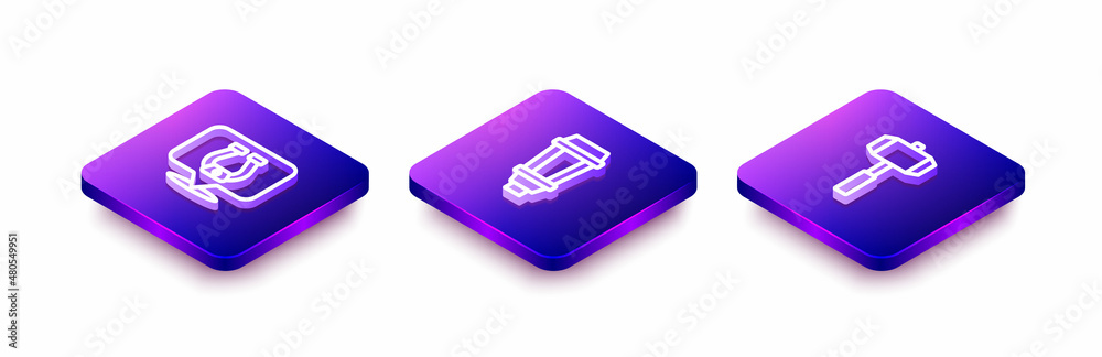 Set Isometric line Horseshoe, Garden light lamp and Sledgehammer icon. Vector Set Isometric line Horseshoe, Garden light lamp and Sledgehammer icon. Vector