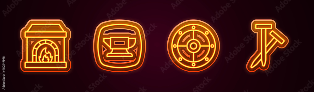 Set line Blacksmith oven, anvil tool, Round shield and Metallic nails. Glowing neon icon. Vector Set line Blacksmith oven, anvil tool, Round shield and Metallic nails. Glowing neon icon. Vector