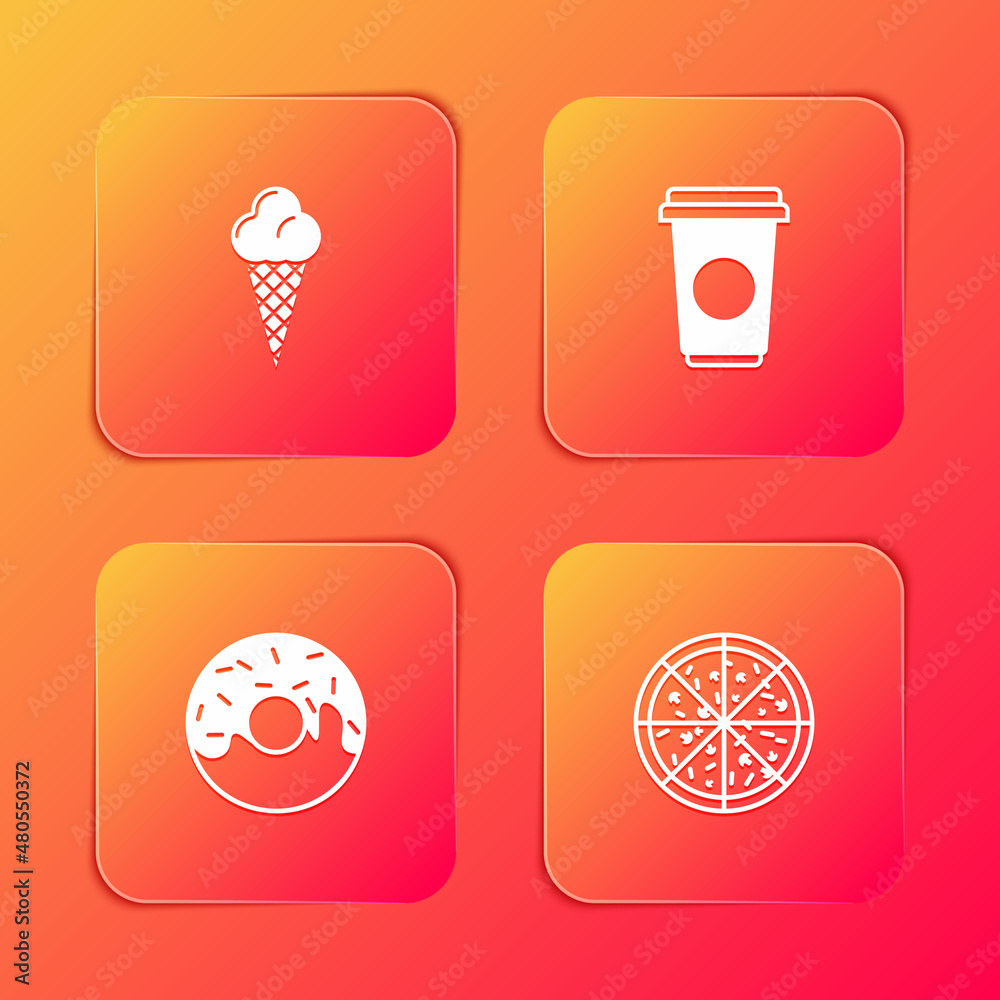 Set Ice cream in waffle cone, Coffee cup, Donut and Pizza icon. Vector