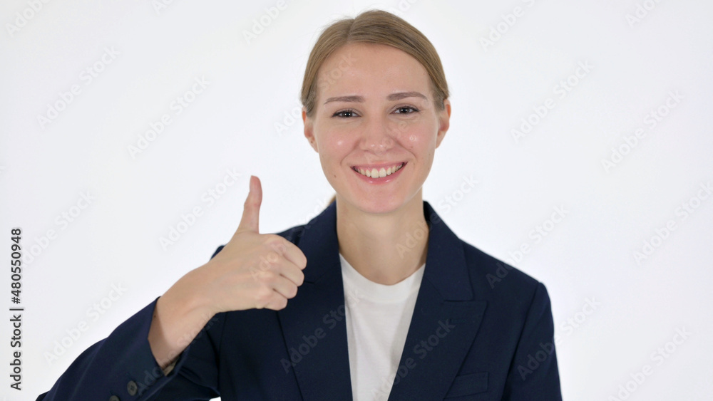 Young Businesswoman showing Thumbs Up Sign on White Background Young Businesswoman showing Thumbs Up Sign on White Background