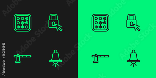 Set line Ringing alarm bell, Parking car barrier, Graphic password protection and Lock icon. Vector