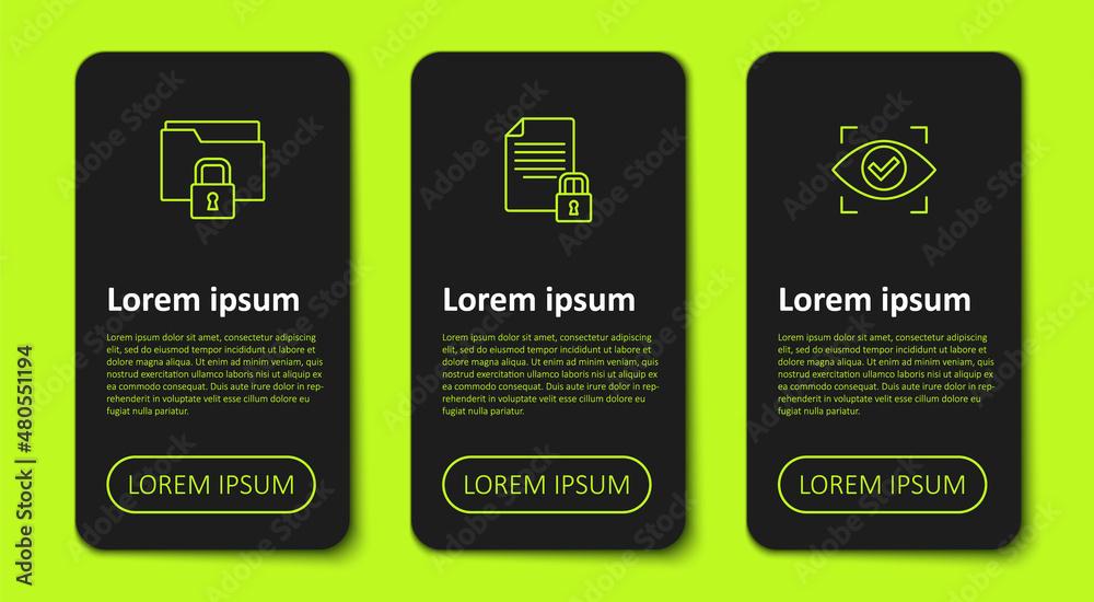 Set line Folder and lock, Document and Eye scan. Business infographic template. Vector Set line Folder and lock, Document and Eye scan. Business infographic template. Vector