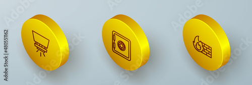 Set Isometric line Fire sprinkler system, Safe and Firewall, security wall icon. Vector