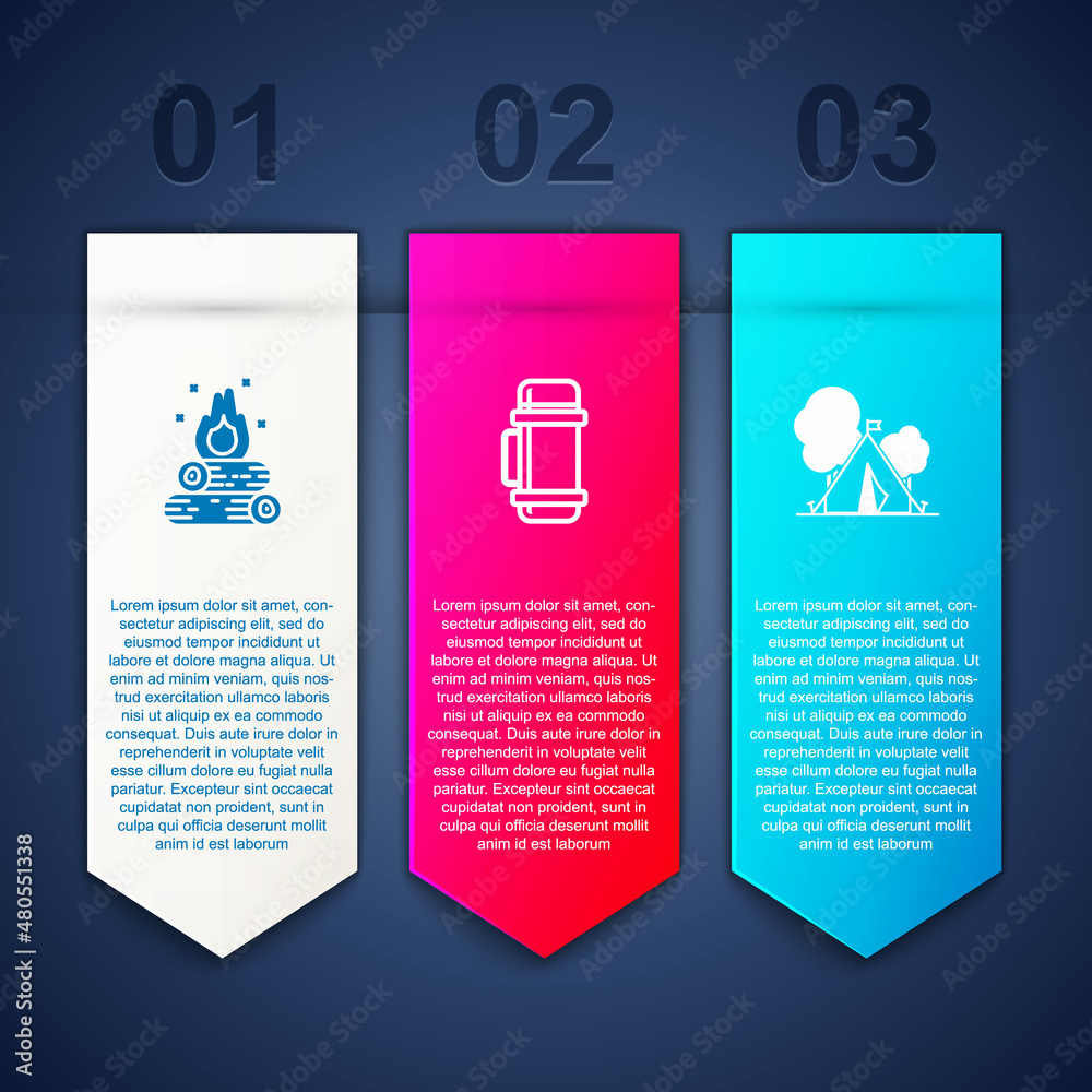 Set Campfire, Thermos container and Tourist tent with flag. Business infographic template. Vector Set Campfire, Thermos container and Tourist tent with flag. Business infographic template. Vector