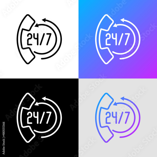 Support for 24 hour in day. Thin line icon: handset with arrows. Online assistance. Modern vector illustration.