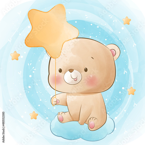 Cute bear with star balloon for print and baby shower