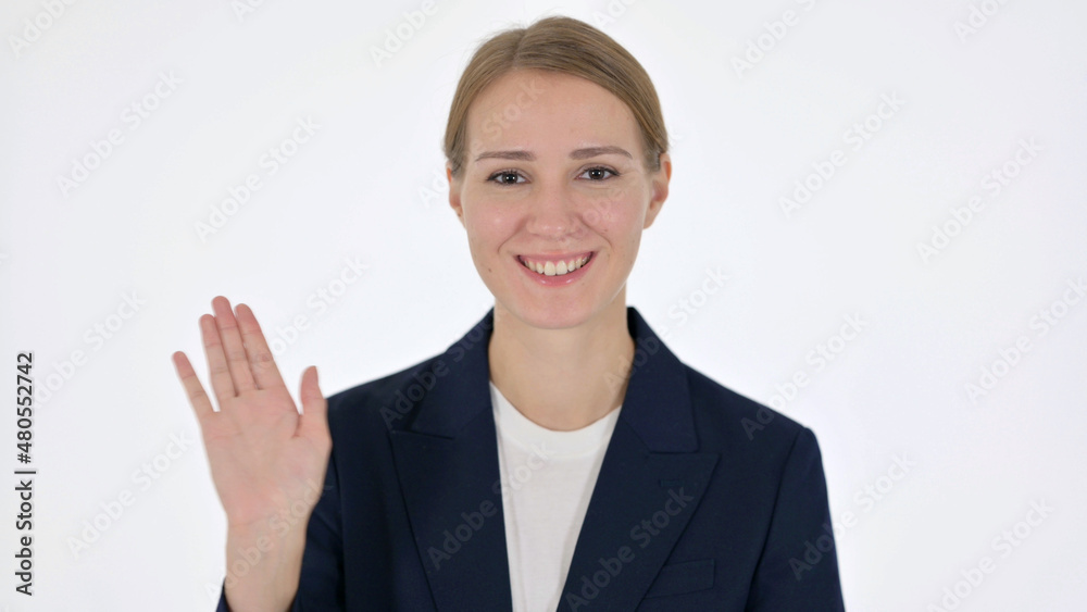 Young Businesswoman Waving, Welcoming on White Background Young Businesswoman Waving, Welcoming on White Background