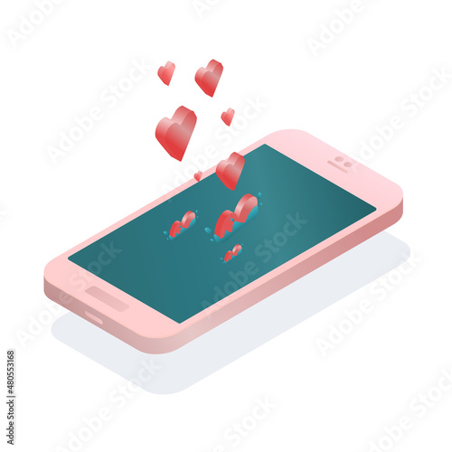 vector illustration of a mobile phone with hearts in isometry. The theme of love and online dating. Isolated on a white background