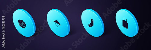 Set Isometric Sleeveless T-shirt, Socks, Asian conical hat and Police cap with cockade icon. Vector