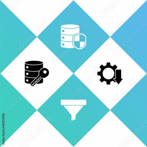 Set Server security with key, Sales funnel, shield and Cost reduction icon. Vector