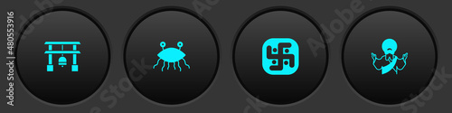 Set Japan Gate, Pastafarianism, Jainism and Jesus Christ icon. Vector