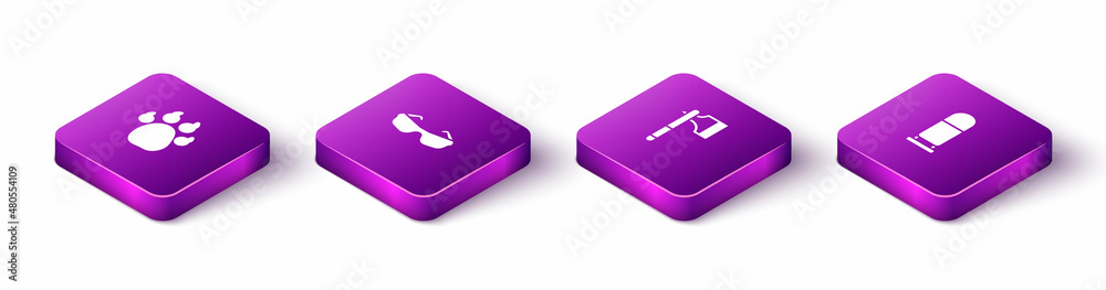 Set Isometric Paw print, Glasses, Wooden axe and Bullet icon. Vector Set Isometric Paw print, Glasses, Wooden axe and Bullet icon. Vector