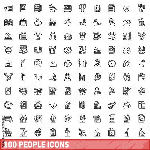 100 people icons set, outline style