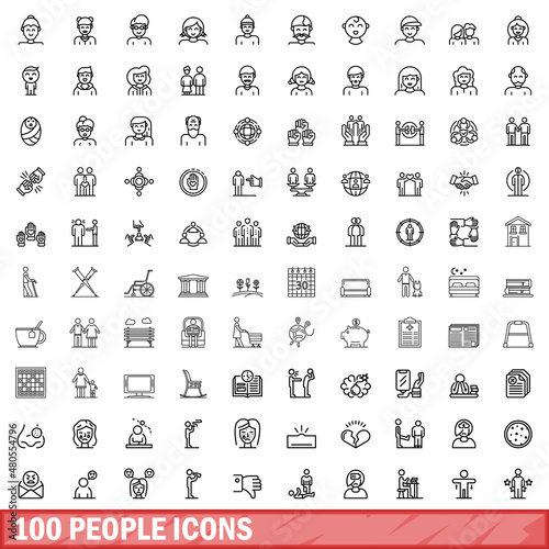 100 people icons set, outline style