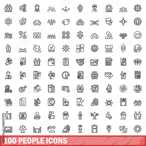 100 people icons set, outline style