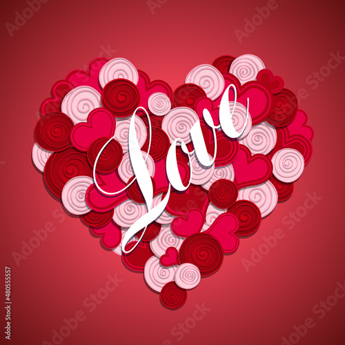 Carte pour la saint Valentin avec un bouquet de fleurs rouges et rose formant un gros cœur où est inscrit le mot LOVE.