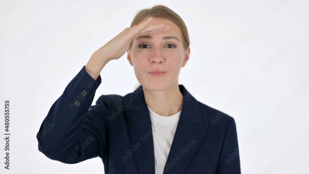 Young Businesswoman Looking Around, Searching White Screen Young Businesswoman Looking Around, Searching White Screen
