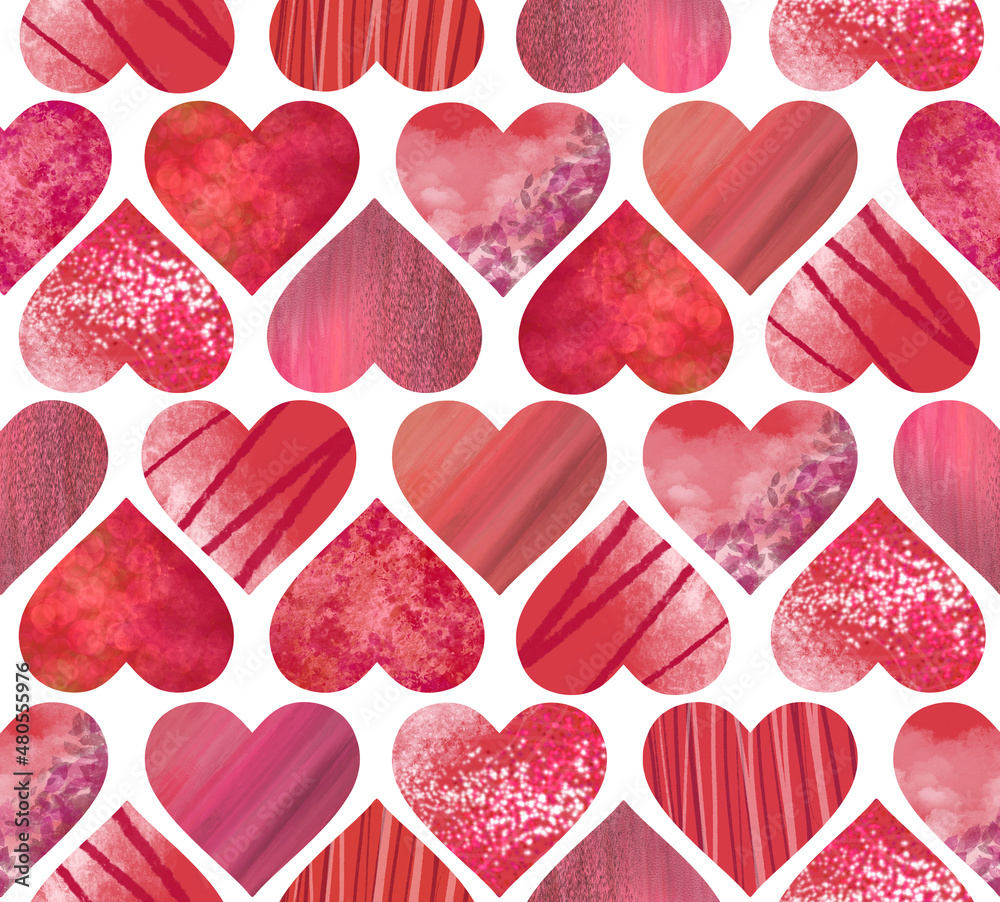 Red hearts pattern. Illustration for printing, backgrounds, wallpapers, covers, packaging, greeting cards, posters, stickers, textile and seasonal design. Isolated on white background.