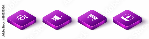 Set Isometric Aftershave, Mortar and pestle, Sauna wood bench and Water drop icon. Vector