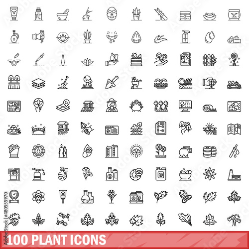 100 plant icons set, outline style