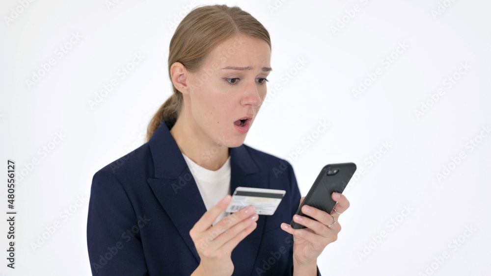 Online Shopping Failure on Smartphone by Businesswoman on White Background Online Shopping Failure on Smartphone by Businesswoman on White Background