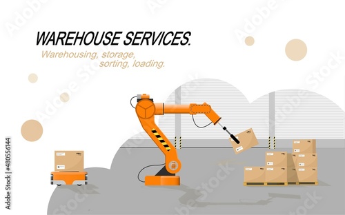 Warehouse Services. Warehousing, storage, sorting, loading of goods. The robot arm picks up the box from the robotic trolley and stacks it on pallets. Warehouse automation concept.