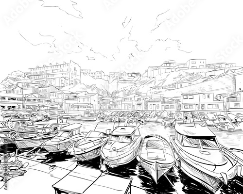 France. Marseille. East Port Valon Des. Hand drawn sketch. Vector illustration.