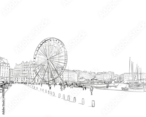 France. Marseille. Old port. Ferris wheel. Hand drawn sketch. Vector illustration.