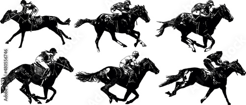 Racehorse with jockey at races. Isolated on a white background