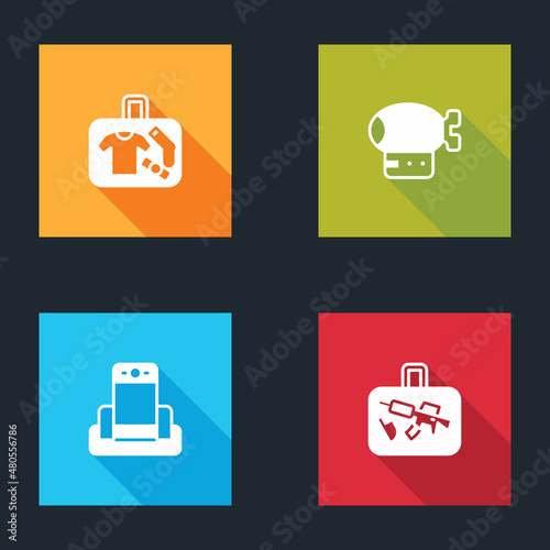 Set Suitcase, Airship, Metal detector in airport and icon. Vector